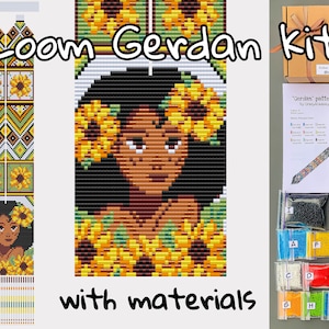 May include: A loom beading kit with materials to make a sunflower gerdan necklace. The kit includes a pattern, beads in various colors, and a needle. The gerdan features a woman with sunflowers in her hair.