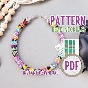 May include: A colorful beaded necklace pattern in PDF format. The pattern features a geometric design with pink, purple, blue, green, yellow, orange, and black beads. The necklace is shown on a gray surface with a wooden bead garland and a black surface in the background. The text "PATTERN BEAD NECKLACE" and "INSTANT DOWNLOAD" are visible in the image.