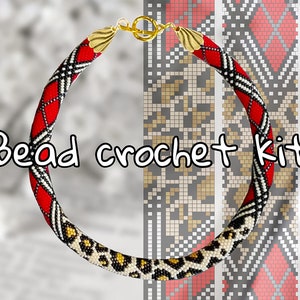 KIT to Make Red Leopard Bead Crochet necklace - Jewelry making Adult Craft - diy Rope Jewelry Beadweaving Crafter Gift