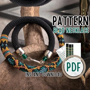 May include: A black beaded necklace with a colorful pattern of yellow, teal, and orange beads. The necklace has silver-colored end caps and a green bead accent. The image also includes the text "PATTERN BEAD NECKLACE" and "INSTANT DOWNLOAD".
