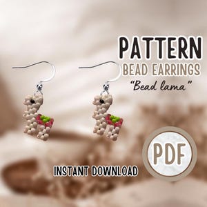 May include: A digital download pattern for beaded llama earrings. The pattern is in PDF format and includes instructions for creating the earrings. The earrings are white with pink and green accents.