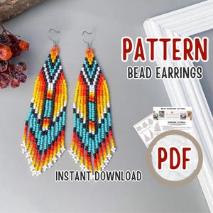 May include: A pair of long, dangling beaded earrings featuring a geometric pattern in orange, yellow, turquoise, black, and white. The text reads PATTERN BEAD EARRINGS and INSTANT DOWNLOAD. A small paper document labeled BEAD EARRINGS PATTERN is visible.