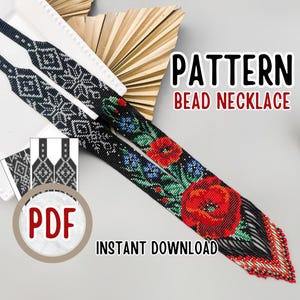 Modèle PDF de collier tissé de perles de rocaille à motifs de coquelicots rouges, tutoriel de tissage ethnique noir, modèle de collier à fleurs rouges, tutoriel de tissage sur métier à tisser