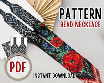 Colar de miçangas vermelhas com papoulas em PDF, padrão de artesanato, colar étnico preto Gerdan, colar de flores vermelhas, tutorial de tear, padrão de colar.