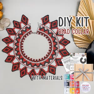 DIY Kit: Create Your Own Bead Red black Collar, Seed Bead Lace Necklace, Handcrafted Jewelry, DIY Crafting Project Kit to make Beaded collar