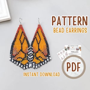 Puede incluir: Un par de pendientes de cuentas con diseño de ala de mariposa, con cuentas naranjas, negras, blancas y rojas. La imagen incluye un patrón PDF y el texto "PATTERN BEAD EARRINGS" y "INSTANT DOWNLOAD".