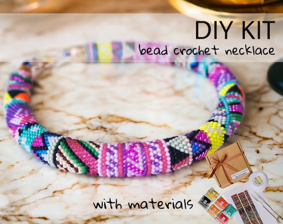 KIT to Make Bead Crochet Black Rope Necklace Bracelet Red Flowers
