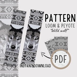 Könnte beinhalten: Ein digitales PDF-Muster für Web- und Peyote-Perlenarbeiten. Das Design zeigt ein Wolfsgesicht in Grau-, Schwarz- und Weißtönen mit geometrischen Mustern. Der Text lautet "PATTERN LOOM & PEYOTE 'Wild wolf'" und "SOFORT-DOWNLOAD".