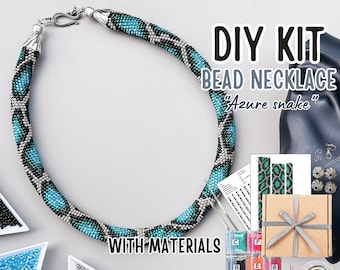 KIT to Make Bead Crochet Azure blue snake necklace and bracelet - Jewelry making Adult Craft - diy Rope Jewelry Beadweaving Crafter Gift