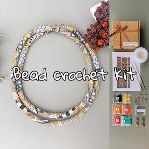 DIY KIT 150cm Long Bead Crochet Gray geometric pattern necklace - Bead Jewelry making KIT - Adult Craft - patchwork print Beadwork pattern