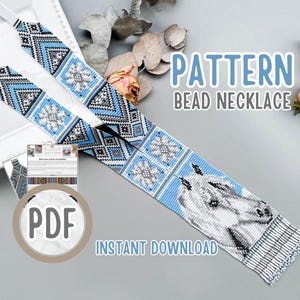 May include: A PDF pattern for a bead necklace featuring a geometric design in blue, white, black, and gray, including a horse head motif and floral patterns. The text reads PATTERN BEAD NECKLACE and INSTANT DOWNLOAD, with a small document preview.