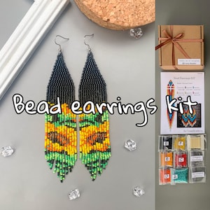 DIY Kit to make Sunflower pattern Fringe Bead Earrings - yellow flower Earrings Pattern - Jewelry make Craft - Brick stitch tutorial kit