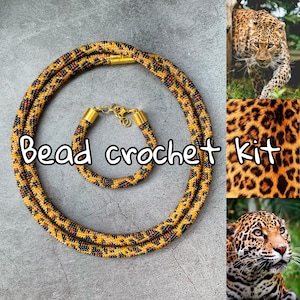 DIY KIT 150cm Long Bead Crochet Leopard pattern necklace - Bead Jewelry making KIT - Adult Craft - Animal skin print Beadwork pattern