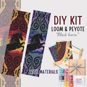 May include: DIY kit for loom and peyote beading, featuring a black horse design. The kit includes beads, thread, and a loom. The kit is packaged in a box with a ribbon.