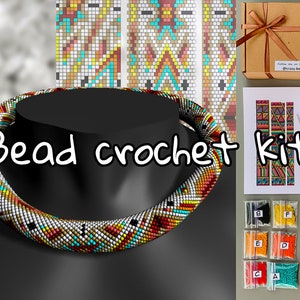 DIY American white ethnic Bead Crochet necklace kit, How to make bead necklace, Crochet beadweaving kit, Jewelry making beadwork pattern