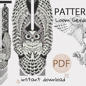 Puede incluir: Patrón de abalorios en blanco y negro para un collar de búho tejido en telar. El patrón incluye instrucciones para crear el diseño del búho y una franja de abalorios. La imagen también incluye el texto "PATTERN Loom Gerdan PDF instant download".
