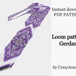 May include: A purple and white beaded necklace with a geometric pattern. The necklace is made with loom beading and is called a "Gerdan". The image includes the text "Instant download PDF PATTERN Loom pattern Gerdan by CrazyAcademy".