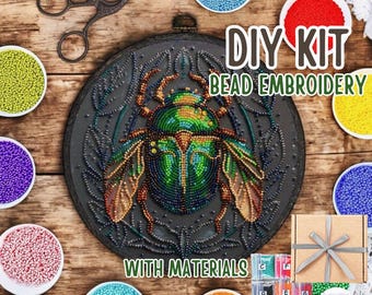 DIY Scarab Bead Embroidery Kit Emerald beetle Art Canvas Insect Embroidery DIY Beaded Bug Needlepoint Craft Beading Kit Wall Art Home Decor