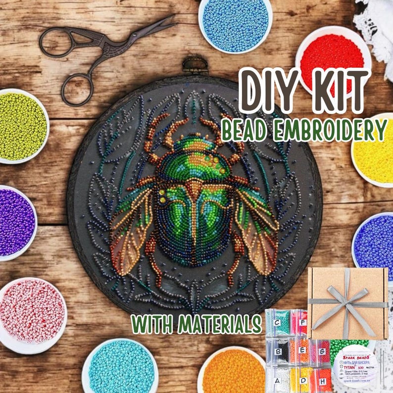 DIY Scarab Bead Embroidery Kit Emerald Beetle Art Canvas Insect ...