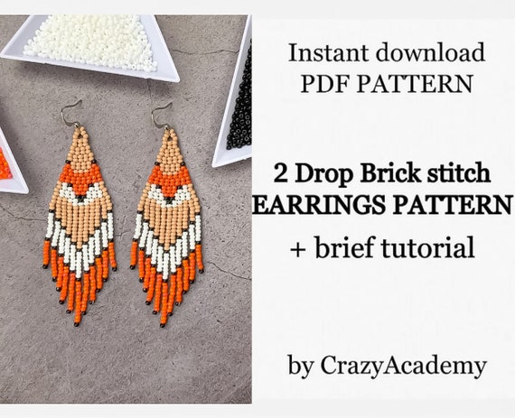 DIY Kit Indian Style Fringe Beading Earrings Orange Fox Earrings Pattern  Beige Earrings Making Adult Craft Brick Stitch Tutorial Kit 