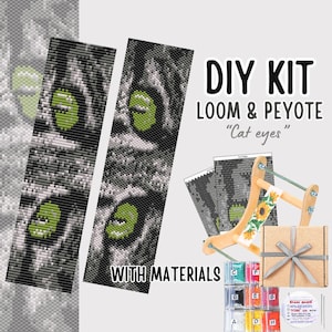 May include: A DIY kit for loom and peyote beadwork titled Cat eyes, featuring two long rectangular beaded strips with a black, white, and green cat eye pattern, a wooden bead loom, printed pattern charts, a gift box, and assorted seed beads.