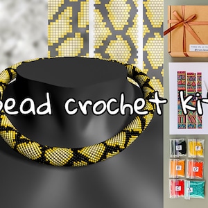 May include: A bead crochet kit with a yellow and black beaded necklace, colorful beads in small bags, and a pattern sheet with instructions. The kit also includes needles and a small container of beads.