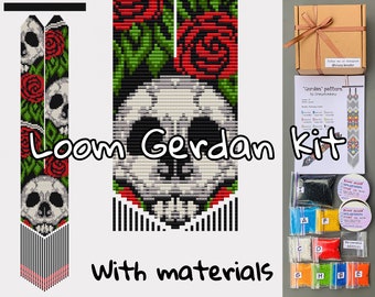 Kit DIY pour réaliser un collier Sugar Skull Bead Gerdan - Rocailles Halloween fleur roses skuul Pattern tutorial - Bead Split Loom tutorial kit