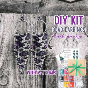 May include: DIY bead earring kit with materials, instructions, and beads in various colors. The kit includes a pattern for "Moonlit Amethyst" earrings.