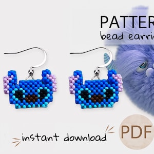 May include: A pair of blue and purple beaded earrings in a pixelated design, featuring a cartoon character. The earrings have silver hooks and are displayed against a blurred background. Text on the image reads "PATTERN bead earrings" and "instant download PDF".