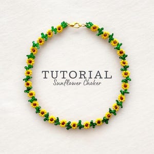 PDF-Anleitung für eine Perlenkette mit Sonnenblumen, Anleitung für Schmuck mit gelben Blumen aus Perlen, Perlenweben mit Rocailles-Perlen, Anleitung für handgemachtes Bastelgeschenk