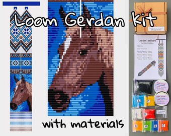 DIY Kit Loom Stitch Gerdan Chocolate Horse Seed Bead, Beading Pattern brown Wild Horse Gerdan, blue loom Necklace Craft Loomwork tutorial
