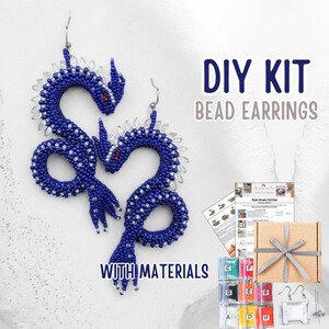 DIY Navy Blue White Dragon Earrings Kit, Fantasy Seed Bead Fringe Earrings, Gothic Dragon Jewelry Making Kit, Mythical Beadwork Craft