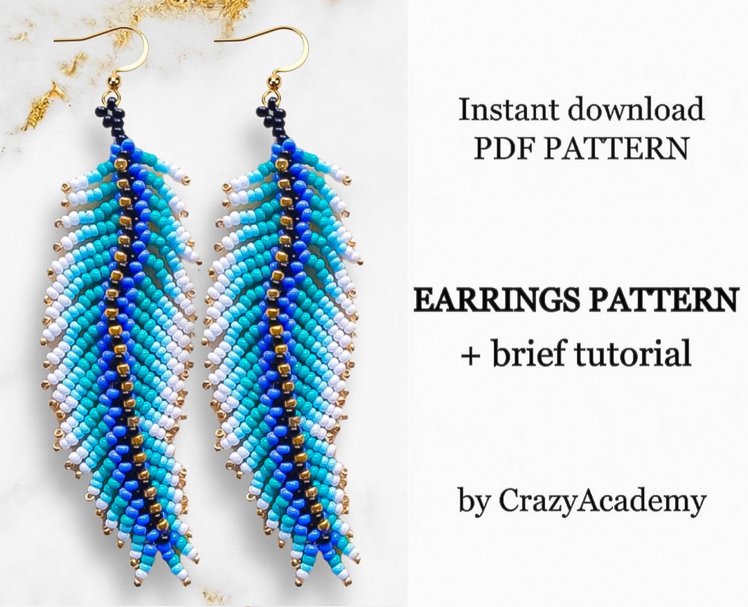 PDF Boho Native Blue Bead Feather Fringe Earring Pattern, Indian