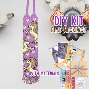 DIY Purple Necklace Kit White Horses, Beadwork Gerdan Necklace Kit, Seed Bead Woven Jewelry Pattern, Loom Beading Craft Kit