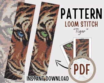 PDF Tiger Bead Loom Pattern, Green Blue Eye Tiger Bracelet Pattern, Seed Bead Loom Bracelet Tutorial, Beadwork Bookmark DIY Pattern