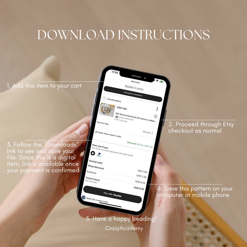 May include: A mobile phone screen displaying Etsy checkout instructions for a digital download. The screen shows the item price, a shop discount, and the total cost. The text on the screen reads "Download Instructions" and includes steps for downloading the digital item after purchase.