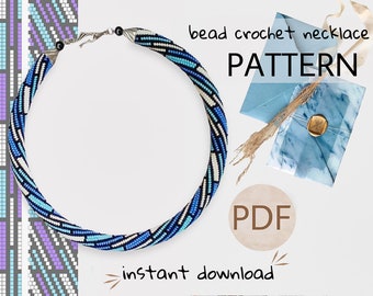 PDF Bead Crochet blue white necklace pattern, blue lines Crochet Seed beaded rope, bead crochet pattern, Beadweaving bead crochet tutorial