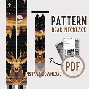 Op de afbeelding: Een digitaal downloadpatroon voor een kralenketting met een hert, een bos en een maan. Het patroon is in PDF-formaat en is direct te downloaden. De tekst "Gerdan pattern by CrazyAcademy" is zichtbaar in de afbeelding.