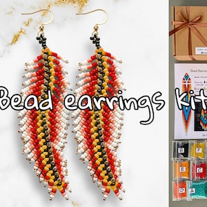 DIY Kit american native red Bead Feather Fringe Earring Kit, ethnic red Bead leaf Earrings pattern, Beaded Earring making gift for Crafter