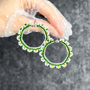 DIY Kit green hoop boho daisy Bead Earrings, white flowers chamomile Spring Earrings making Craft gift, beadwork Native American Earrings image 6