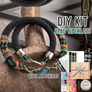 KIT to Make Black Bead Crochet necklace - Azure blue snake pattern - Jewelry making Adult Craft - diy Rope Jewelry Beadweaving Crafter Gift