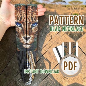 May include: A beaded necklace pattern featuring a tiger face design with brown, black, and blue beads. The digital PDF includes the text PATTERN BEAD NECKLACE and INSTANT DOWNLOAD. The design shows a detailed feline portrait with bright blue eyes.