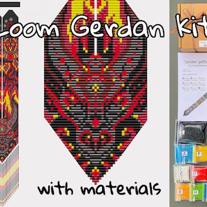 May include: A loom beading kit for making a colorful beaded necklace called a "Gerdan". The kit includes beads in various colors, a pattern, and instructions. The finished necklace is shown in the image, featuring a geometric design with red, yellow, and black beads.