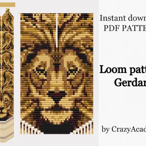 May include: A beaded loom pattern for a lion head necklace, with a brown, gold, and black color scheme. The pattern is called "Gerdan" and is by "CrazyAcademy". Instant download PDF pattern.