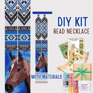 May include: DIY bead necklace kit with materials. The kit includes a wooden loom, beads in various colors, and a pattern for a horse design. The beads are packaged in a small box with a green ribbon.