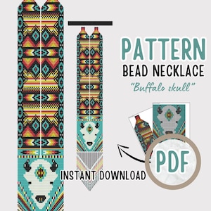 May include: A digital download pattern for a beaded necklace with a buffalo skull design. The pattern is in PDF format and includes a color chart and instructions. The necklace is made with colorful beads in a geometric pattern.