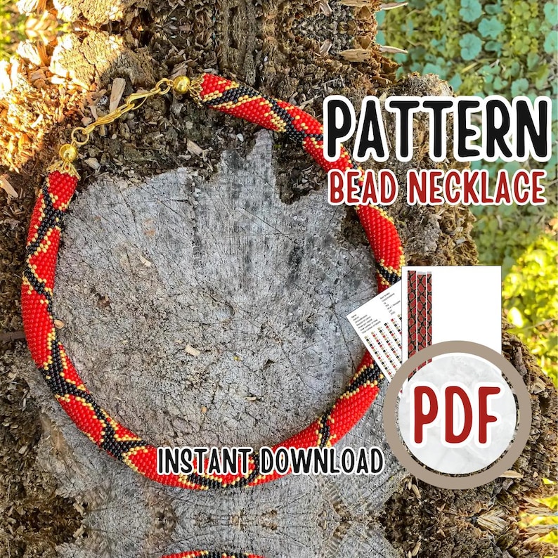 Puede incluir: Un patr&oacute;n de collar de cuentas rojo, negro y dorado. El patr&oacute;n est&aacute; disponible para descarga instant&aacute;nea en formato PDF. El texto "PATTERN BEAD NECKLACE" est&aacute; en la parte superior de la imagen. El texto "INSTANT DOWNLOAD" est&aacute; en la parte inferior de la imagen.