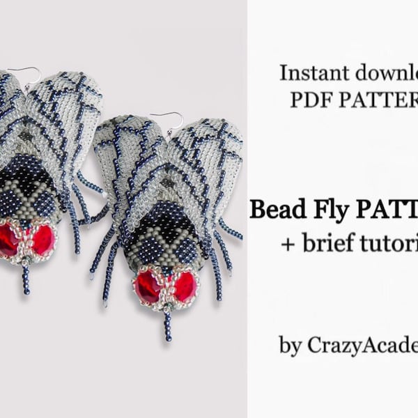 PDF Seed Bead extravagant big beaded gray bug Fly earrings pattern, Seed Bead Fly earring pattern, Brick stitch Beading Bug Tutorial