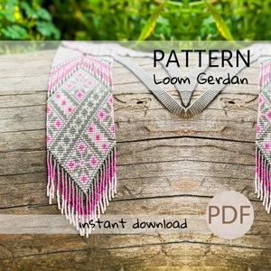 May include: A beaded necklace pattern with a geometric design in shades of gray and pink. The pattern is for a loom-woven necklace called a "Gerdan". The pattern is available as an instant download in PDF format.