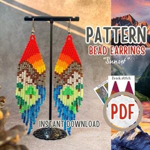May include: A digital download pattern for beaded earrings with a sunset mountain scene. The pattern is called "Sunset" and is made using the brick stitch. The pattern is available as a PDF download.